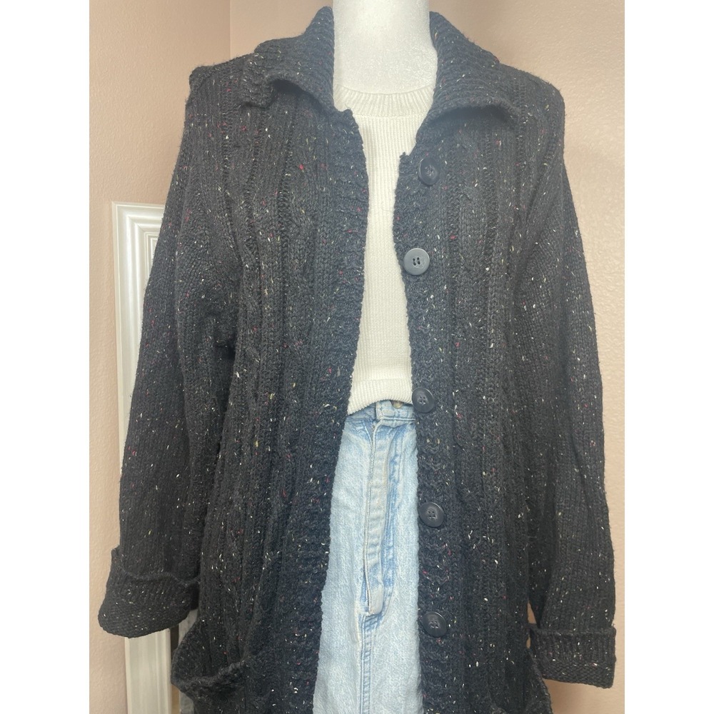 Kikit Chunky Knit Cardigan M Black Speckled Cable Button Front Cozy